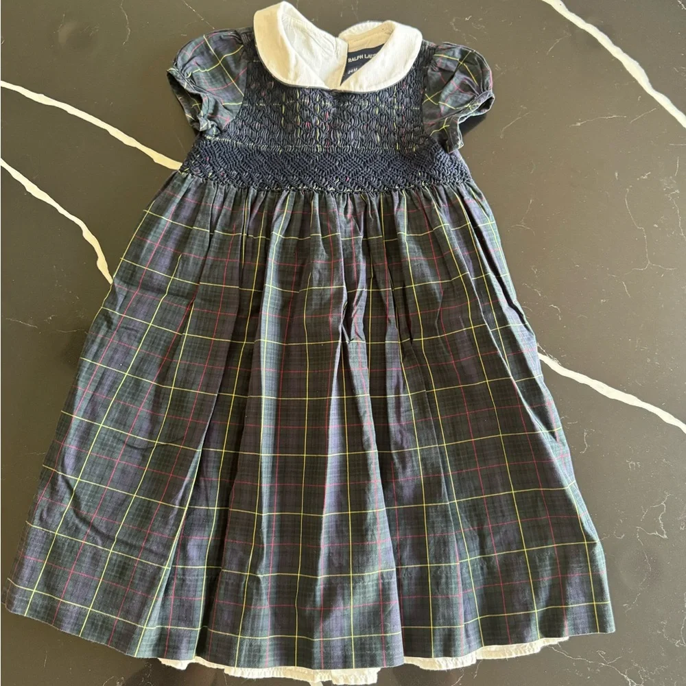 Vintage Blue Label Ralph Lauren Kids Dress with White Collar‎ and Plaid Pattern
